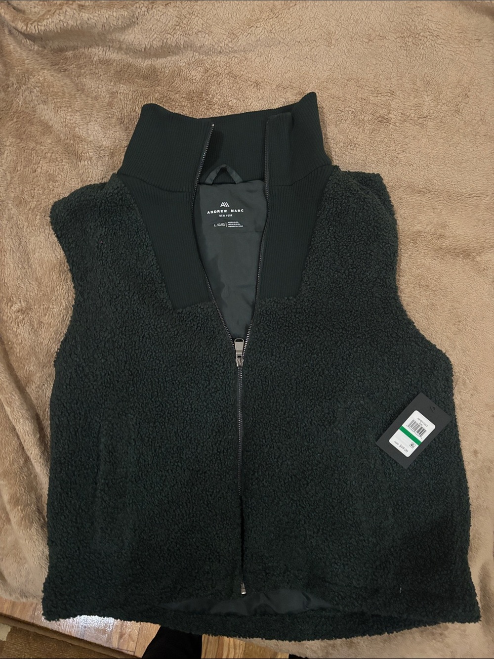 Andrew Marc Black Sherpa Zip-Up Vest with Ribbed High Collar L BNWT